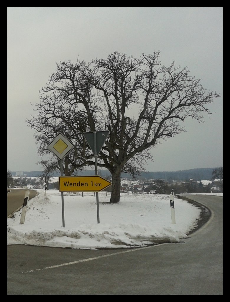 Baum mit Ortsschild nach Wenden am 27.03.2013
