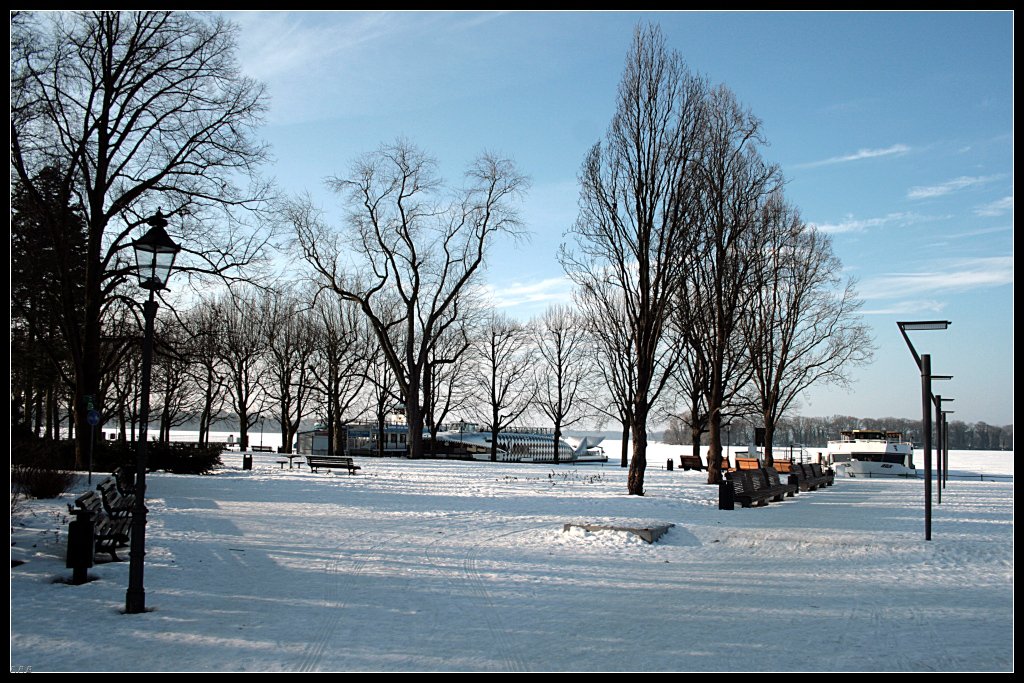 Blick auf den Fhranleger an der Greenwichpromenade des Tegeler Sees an einem sonnigen Wintermorgen (Berlin Alt-Tegel)