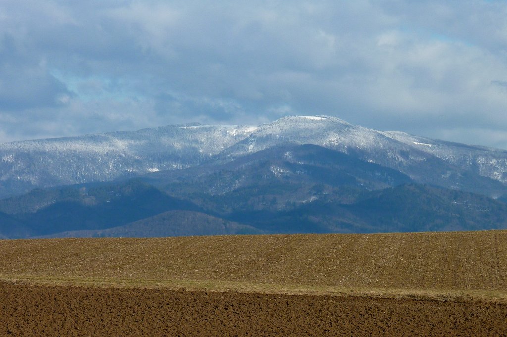 Blick aus der Rheinebene auf den letzten Schnee auf den Schwarzwaldbergen, Mrz 2012