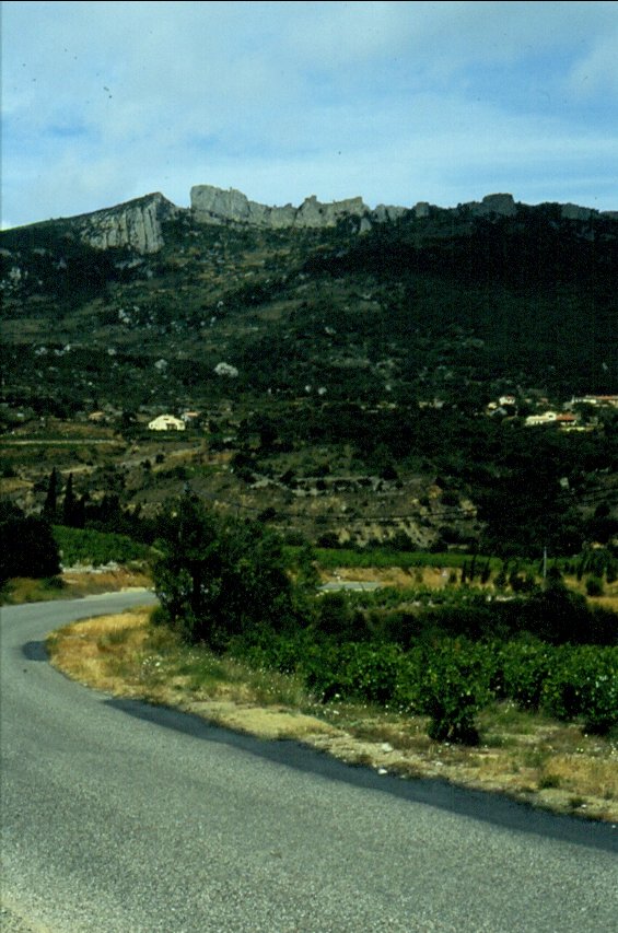 Fast nicht zu erkennen ist die Burgruine Peyrepertuse, die aus dem gleichen hellen Kalkstein errichtet wurde, aus dem auch der Untergrund der Felsen besteht. (Juli 1988)