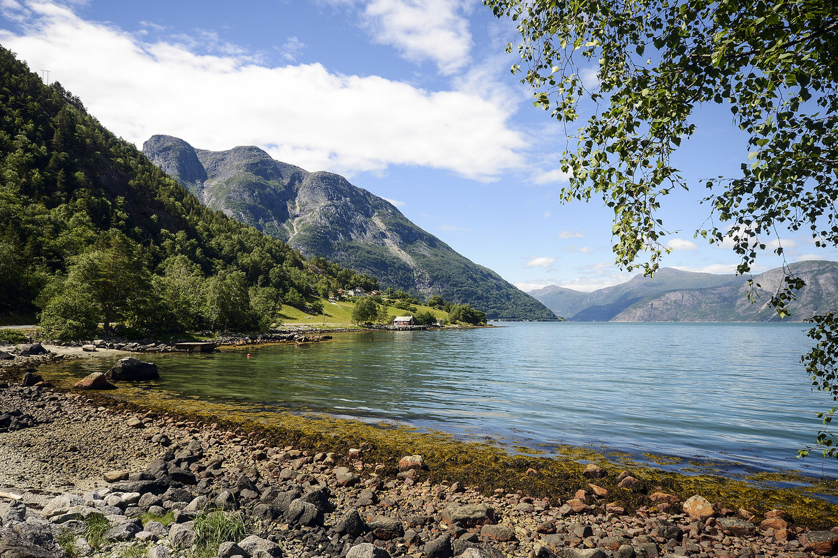 An der Simadaslfjorden östlich von Eidfjord in Norwegen. Aufnahme: 7. Juli 2018.