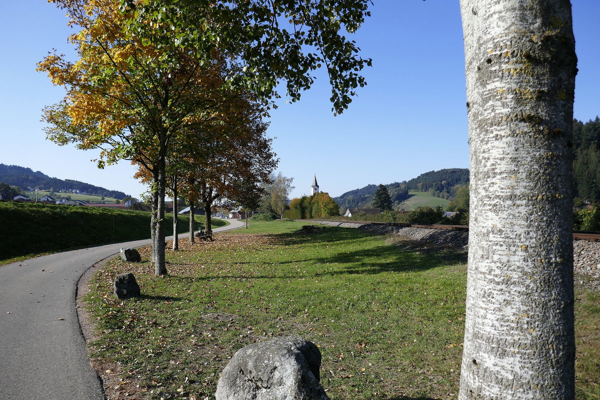 auf dem Radweg unterwegs durchs Elztal im Schwarzwald, mit Blick auf den Ort Oberwinden, Okt.2018