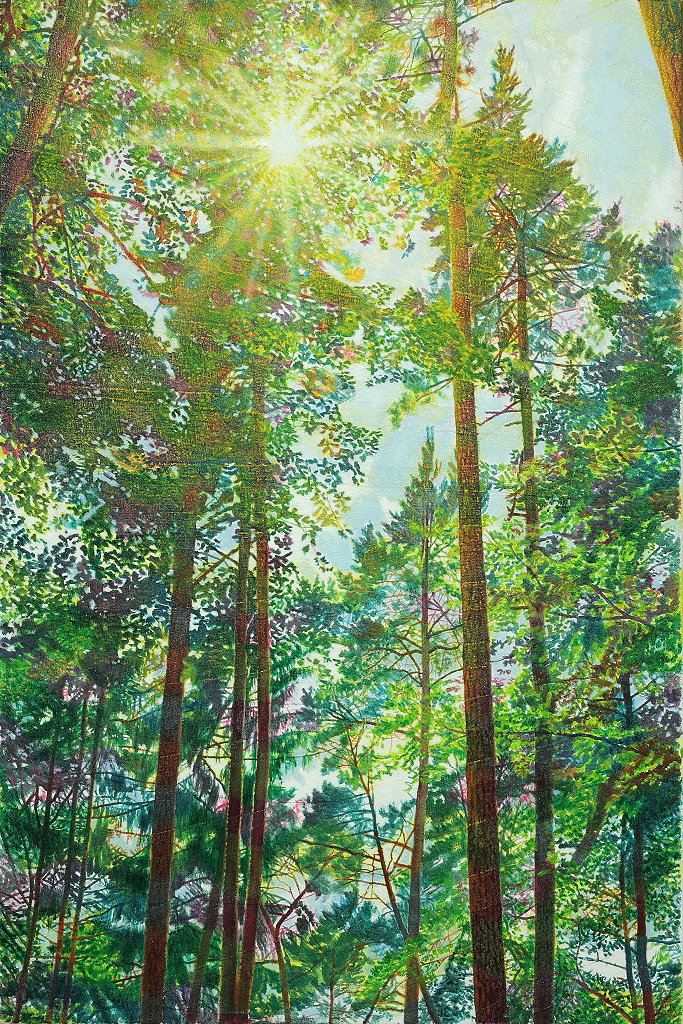  Augustsonne , Öl auf überklebter Leinwand, 2002, 120 x 80 cm; Waldstück im Spessard