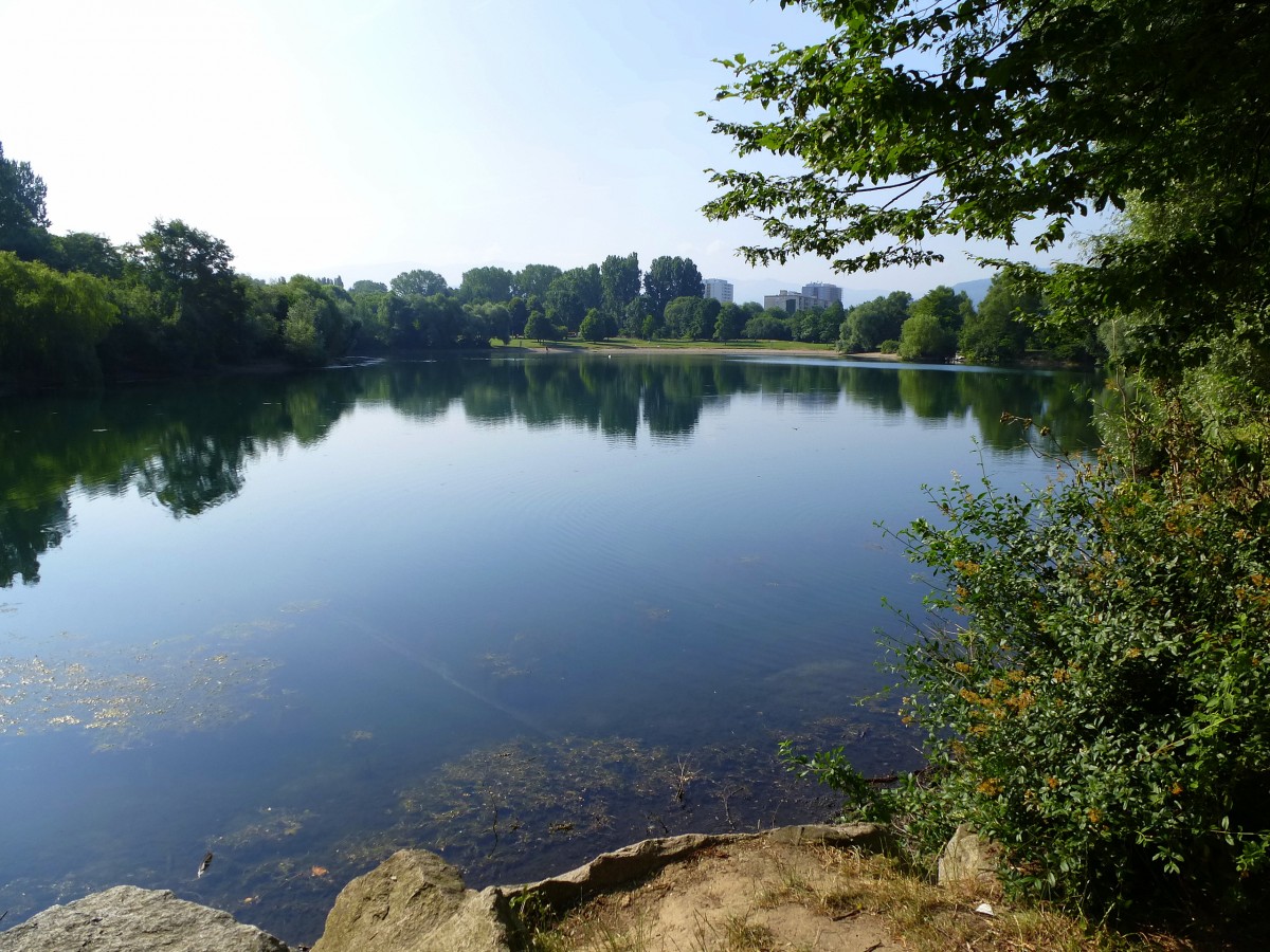 Blick ber den Dietenbachsee, im Hintergrund die Huser des Freiburger Stadtteils Weingarten, Juni 2014