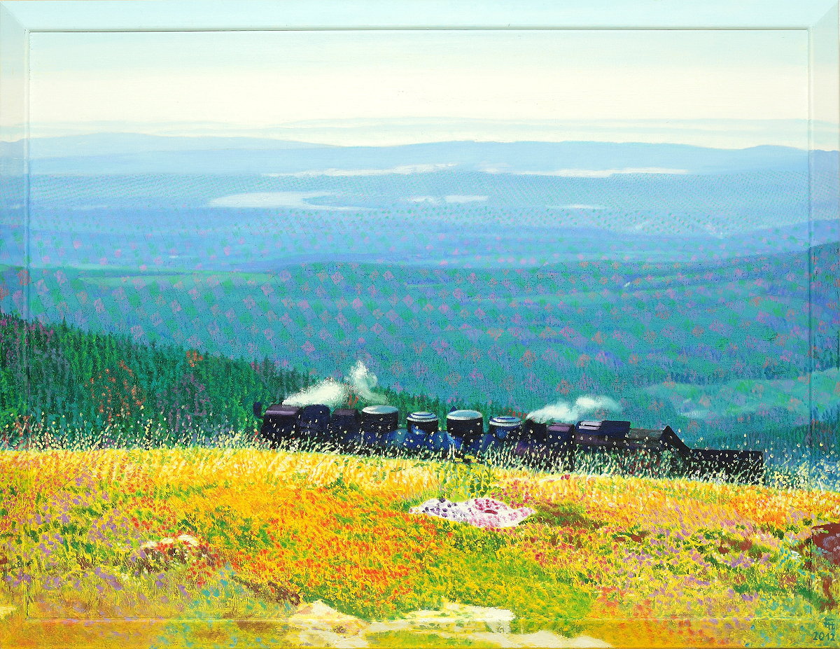  Brockenbahnweite , Gemälde: Öl auf Leinwand + Holz (-Rahmen), 2013, 66 x 86 cm; Blick vom Brocken im Sommer Richtung Südosten über den Ostharz bis zur Hainleite in Thüringen...
