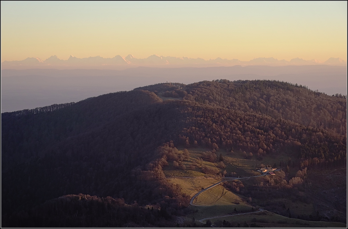 Der Abend bricht auf dem Großen Belchen herein. Blick über Riesenkopf und Molkenrain zum Berner Oberland. November 2016.