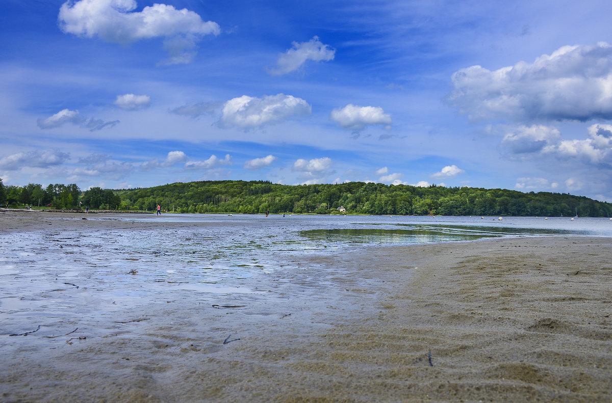 Der Strand in Wassersleben (Gemeinde Harrislee) an der Flensburger Förde. Blick in die nördliche Richtung. Aufnahme: 17. Juni 2018.