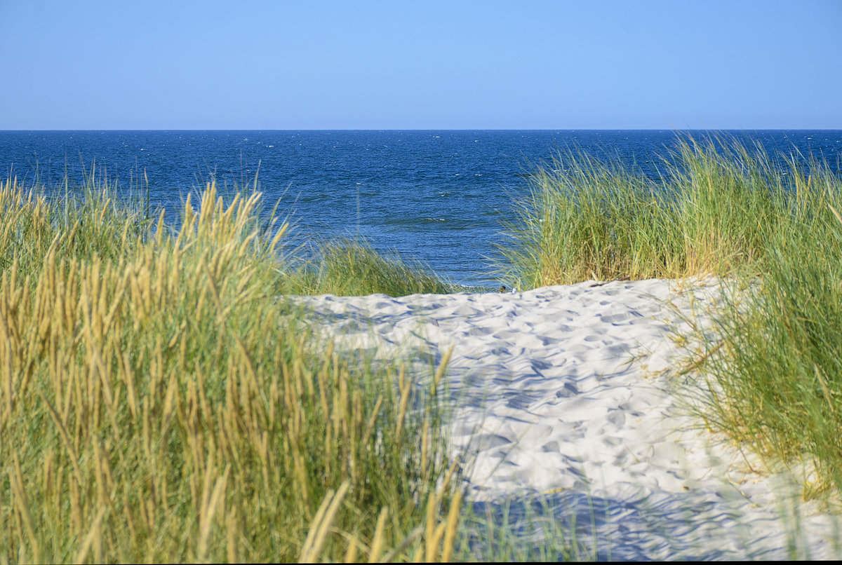 Dünen am Strand im Slowinzischen Nationalpark westlich von Leba in Hinterpommern. Aufnahme: 18. August 2020.