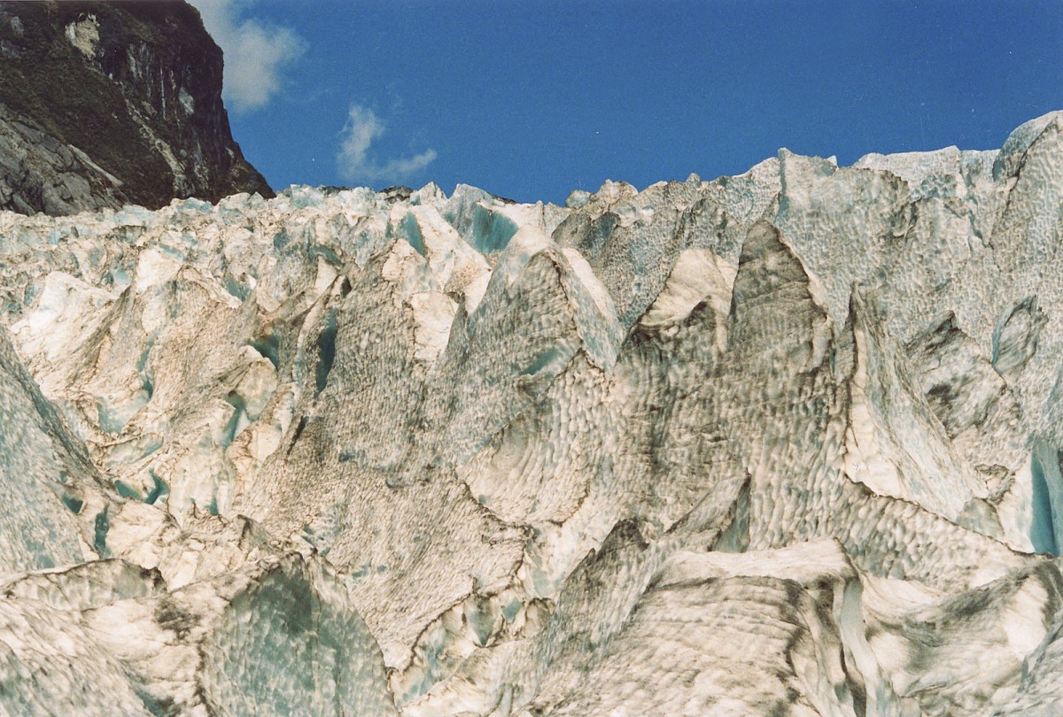 Fox Glacier auf der Südinsel von Neuseeland. Aufnahme: Februar 1987 (digitalisiertes Negativfoto).