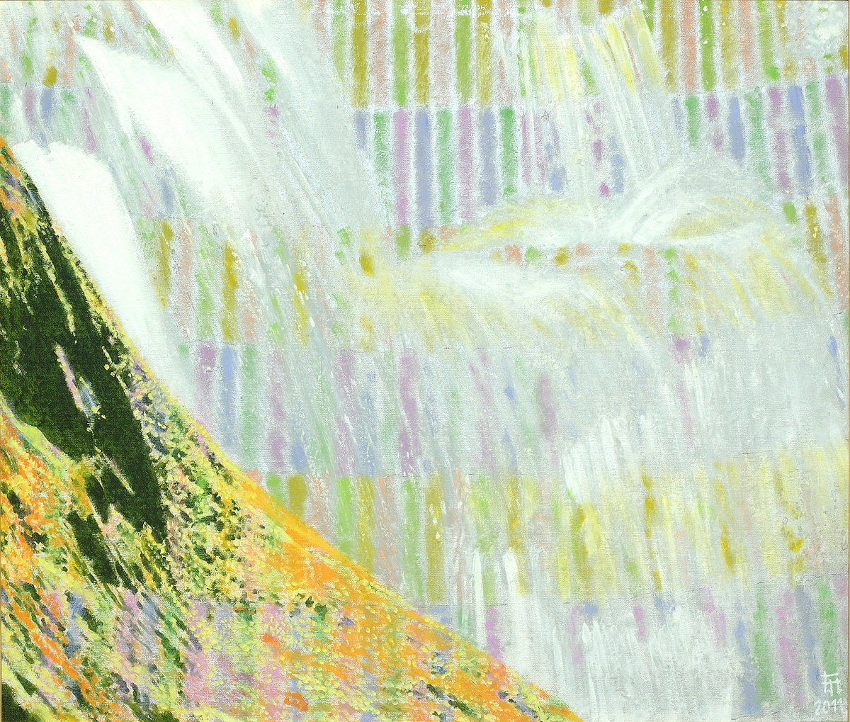  Ilsefälle IV , Gemälde: Öl, Ölpastell auf Buchbinderkarton, 2011, 60 x 70 cm; an den treppenartigen Wasserfällen der Ilse zwischen Ilsenburg und Brocken...