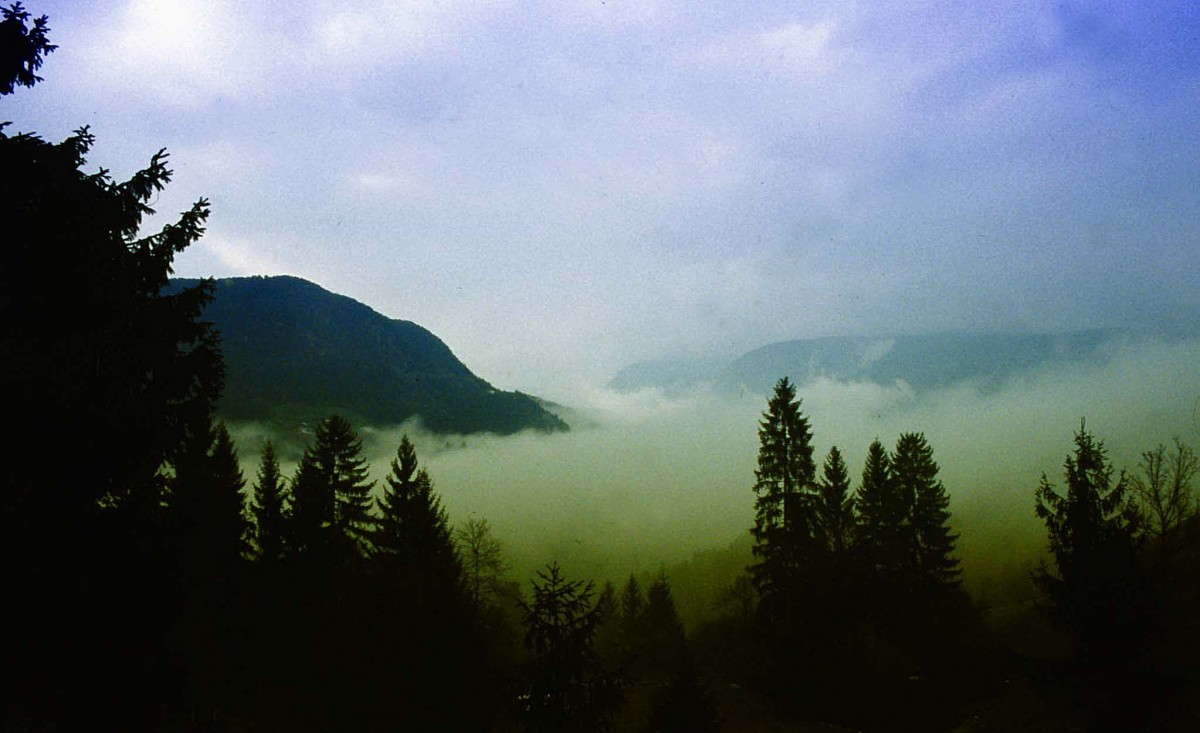 Morgenaufnahme - Das Foto ist in der Nähe von Seis am Schlern in Südtirol aufgenommen. Aufnahme: April 2001 (Bild vom Dia).