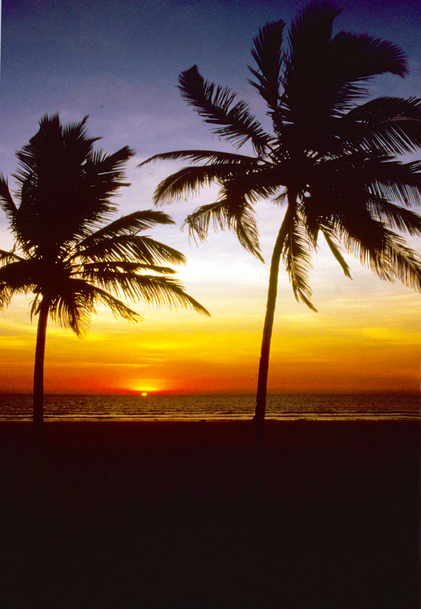 Sonnenuntergang in Goa. Bild vom Dia. Aufnahme: Oktober 1988.