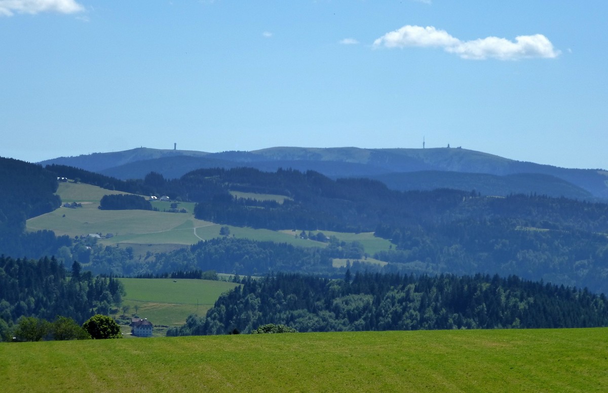 Teleblick von St.Mrgen zum gipfellosen, langgestreckten Hochplateau des Feldberges, mit 1493m hchster Berg des Schwarzwaldes, Juli 2015