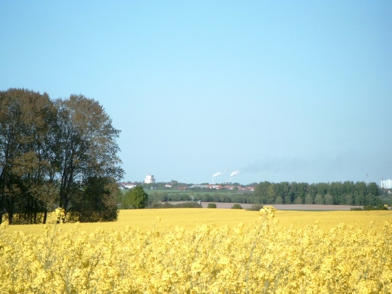 Blick auf die Hansestadt Wismar von Westen, mit Hochhaus und Schlotte der Holzwerke (05. Mai 2007)