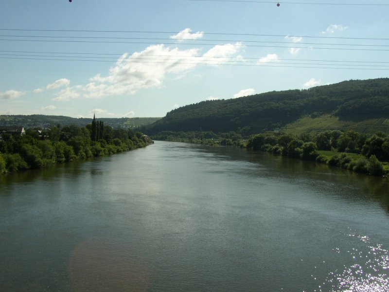 Die Mosel bei Trier mit Blickrichtung Schweich. Dieses Bild wurde von der  Mosel-Eisenbahn Brcke  bei Pfalzel aufgenommen.      30.07.07