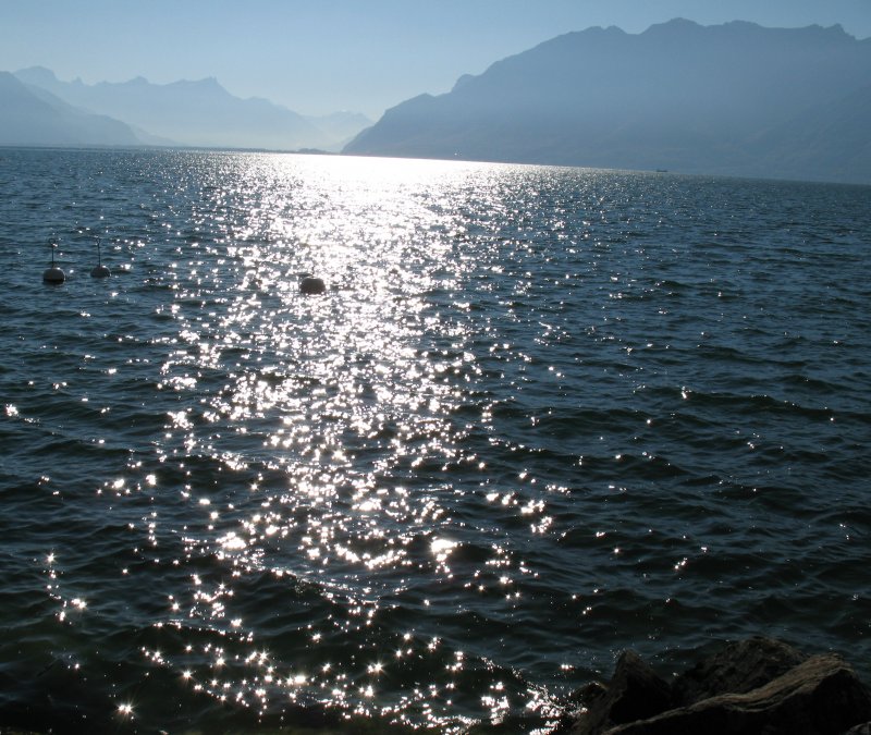 Die tiefstehende Herbstsonne zaubert ein glitzerndes Funkeln auf den See.
(Oktober