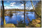 Wümme Hochwasser im Februar 2022. Wiesen und Auwälder sind überflutet. Scheeßel Nähe Campingplatz. 