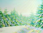  Schneewaldglitzern ; Öl, Buntstifte auf Baumwolle, 2007 - 2009, 90 x 120 cm; Blick vom unteren Hang des Brockenmassivs bei Schierke über den Südostharz; Nach einer Aufnahme Anfang Januar 2009 gemalt... 