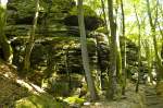 Die bizarren Felsformationen des Luxemburger Sandsteins, die hier vor Millionen Jahren in den Eiszeiten zu Tage traten, zeugen von urwüchsiger und weitgehend unberührter Natur. Die Luxemburger Schweiz ist Teil des Deutsch-Luxemburgischen Naturparks. Aufnahme: August 2007.