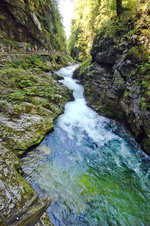 Die Vintgar Klamm wurde vom Radovna-Fluss bis zu 300 Meter tief zwischen den senkrechten Wänden der Berge Hom und Boršt ausgewaschen, ist ca. 1600 m lang und endet am 13 m hohen Wasserfall Šum. Damit hat er die größte Fallhöhe aller Flusswasserfälle in Slowenien. Aufnahme: 3. August 2016.