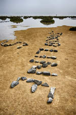 Der Frauenname »Tonialine« mit Steinen »geschrieben« - am Hotel Los Giorriones auf der Insel Fuerteventura in Spanien.