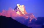Morgenaufnahme von Machhapuchchhre (auch Machhapuchhare, auf deutsch »Fischschwanz«). Machhapuchchhre ist ein 6997 Meter hoher Berg im Himalaya in Nepal. Aufnahme: September 1988 (Bild vom Dia).