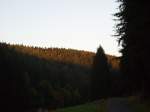 Th�ringer Wald, Rennsteig Tiefes, abendliches Licht zauberte r�tliche T�ne in das Fischbachtal und lie� es so fotogen werden ;). Im Vordergrund f�hrt die kleine Stra�e aus dem tiefen Wald (im R�cken des Betrachters) nach Fischbach hinein.   16.09.2007