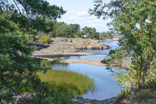 Eine kleine Bucht in der Schrenlandschaft von Gunnars an der schwedischen Ostseekste.