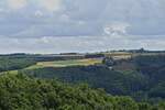 Blick von einem Wanderweg nahe Kaundorf (L), ber die Hgelige Landschaft in Richtung Eschdorf, an vielen Stellen sind die abgestorbenen Fichten in den Wldern zu sehen.