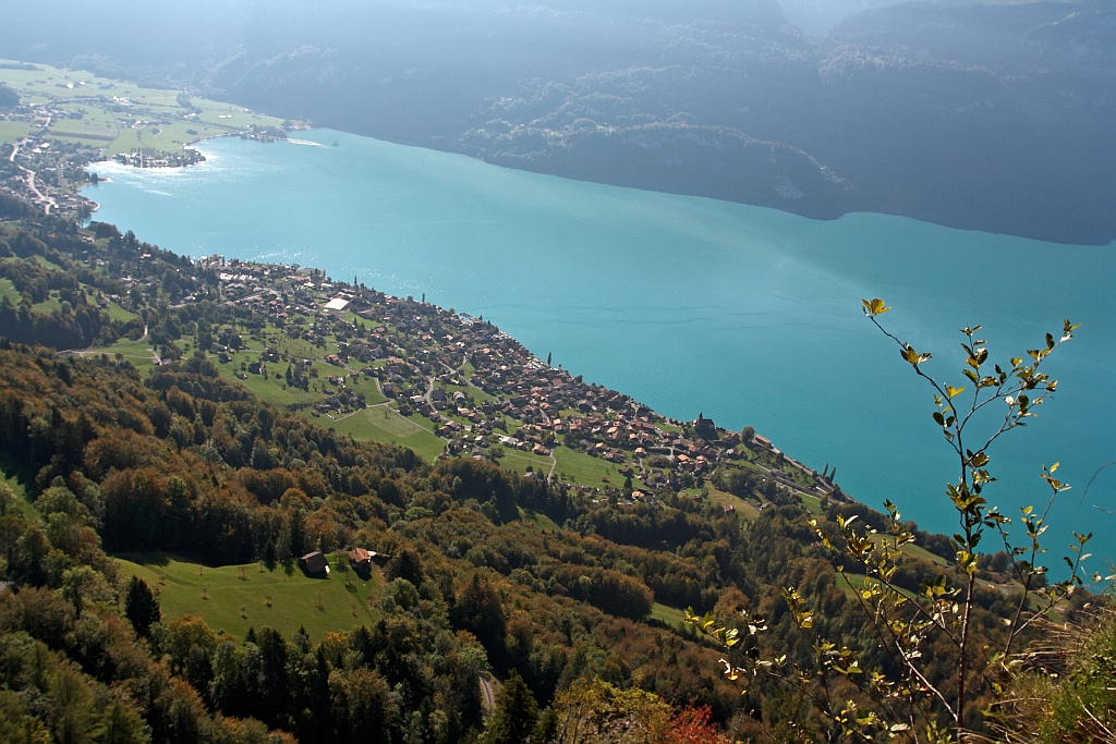 01.10.2011 auf der Fahrt zum Brienzer Rothorn, mit der BRB, hinauf: Blick auf den Brienzersee und Brienz.