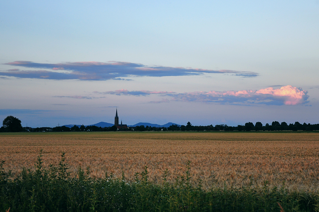 Abenddmmerung an einem lauen Sommerabend mit Kirchensilhouette von Odendorf und Siebengebirge im Hintergrund - 07.07.2012