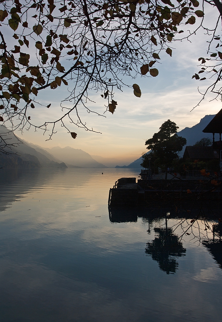 Abendlicher Blick ber den Brienzersee am 30.09.2010 von Brienz (Schiffsanlegestelle) in Richtung Interlaken.