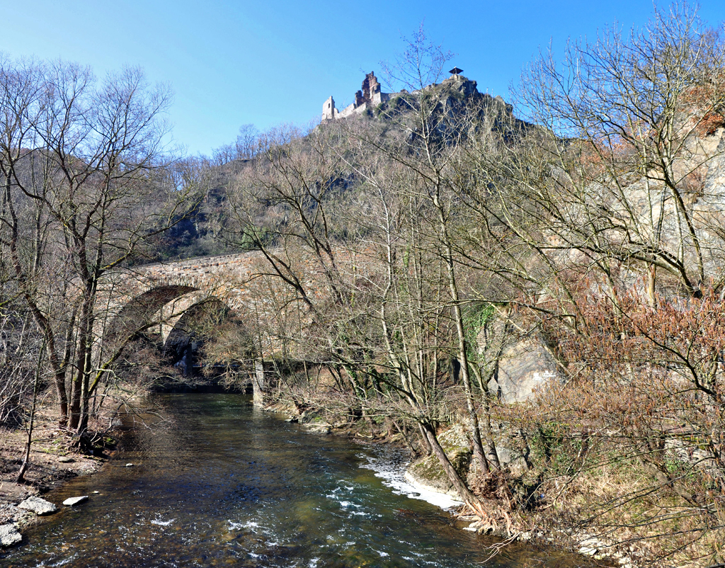 Altenahr - Burgruine Are, kahle Frhlingsbume und die ruhig flieende Ahr - 15.03.2012