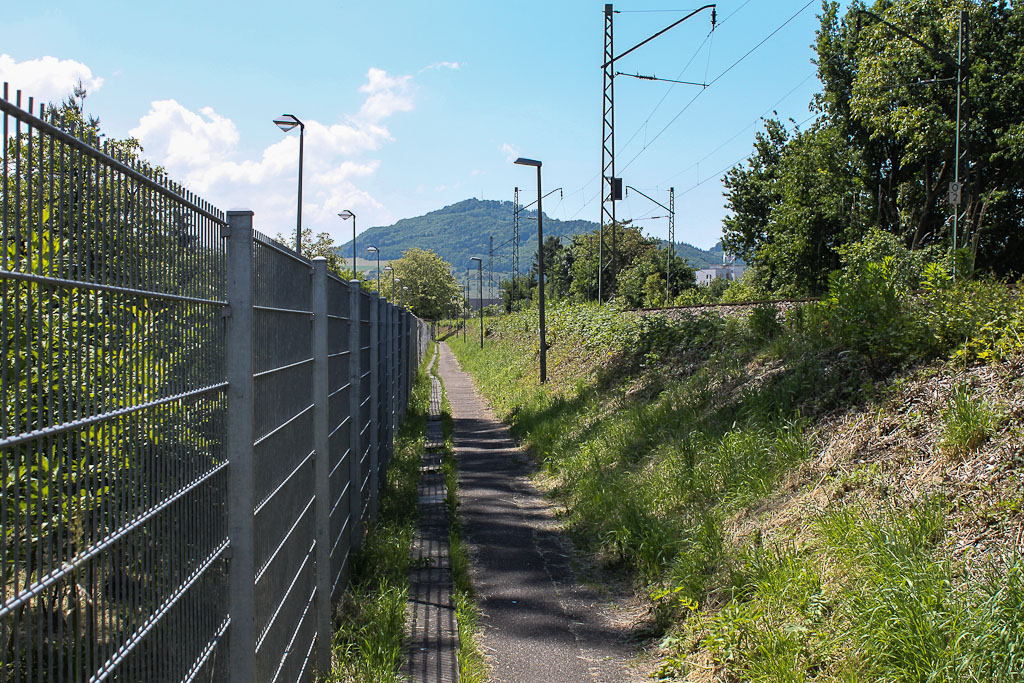 Bahnweg Freiburg am 06.06.2013, links neben dem Zaun das Bahnbetriebswerk Freiburg, im HG den Schnberg.