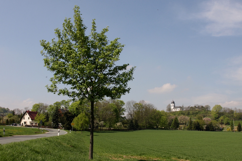 Bei Heinersdorf im Vogtlandkreis, mit Kapelle Santa Klara, am 27.04.2009.