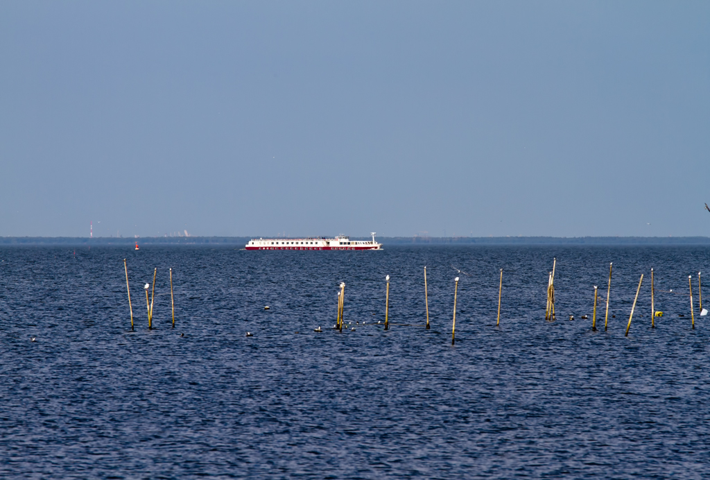 Beim Blick ber das Stettiner Haff, vom Ueckermnder Strand aus, kann man Trme und Masten des Swinemnder Hafens erkennen, an der das Flusskreuzfahrtschiff Johannes Brahms vorbei gefahren ist. - 11.09.2012

