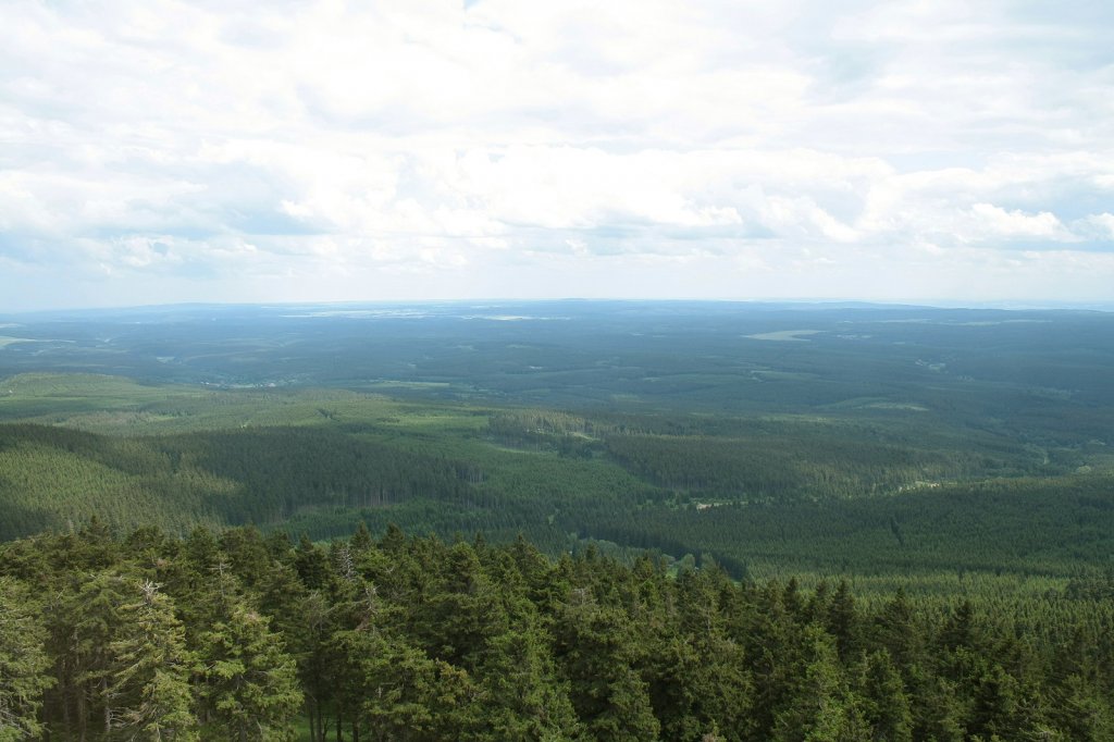 Blick am Pfingstsonntag, dem 12.06.2011, von der Aussichtsplattform in der Skisprungschanze auf dem Wurmberg/Harz ber die grenzenlose Weite der Waldlandschaft des Ostharzes.