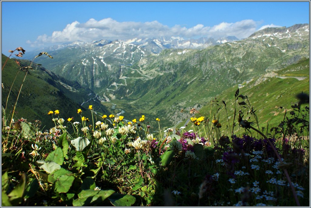 Blick von der Furkapassstrasse auf den Grimselpass und die Walliser Berge.
(05.08.2013)