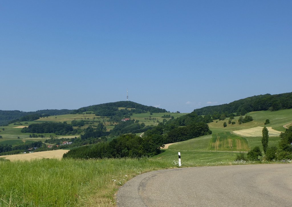 Blick zum 690m hohen Wannenberg mit Sendeturm, bei Hohentengen am Hochrhein, Juli 2013