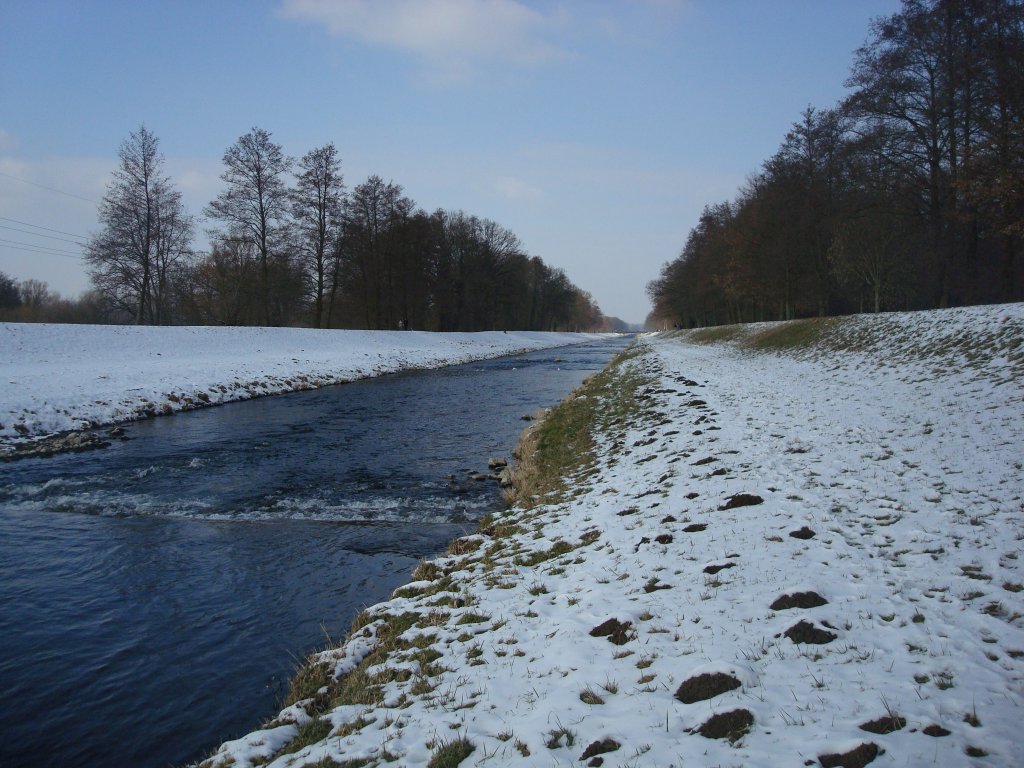 das Schwarzwaldflüßchen  Dreisam  auf dem Weg zum Rhein,
in der Rheinebene bei Freiburg,
Feb.2010