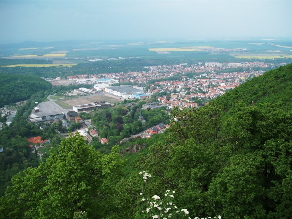 Der Blick vom Hexentanzplatz auf die Harzstadt Thale.