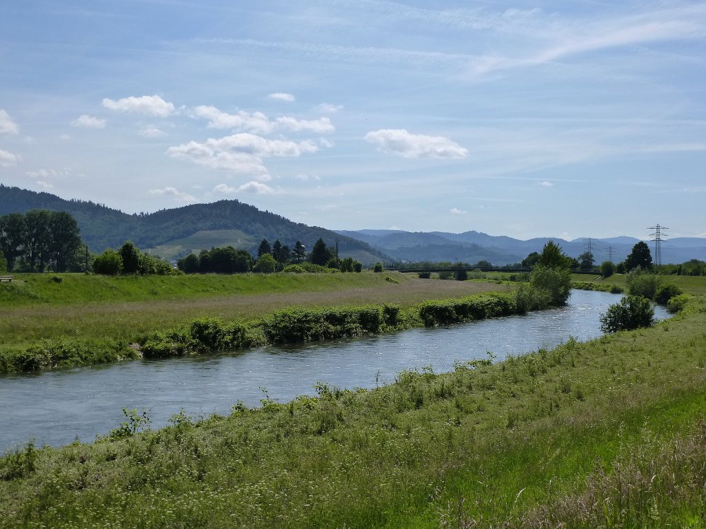 die Kinzig verläßt das gleichnamige Tal im mittleren Schwarzwald und durchfließt die Rheinebene, Juni 2013