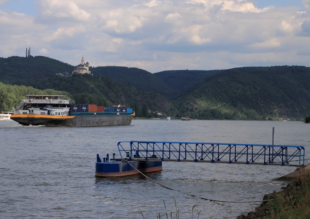 die Marxburg bei Braubach von Rhens aus gesehen - mit Frachter Addio aus Dordrecht am 27.5.2012