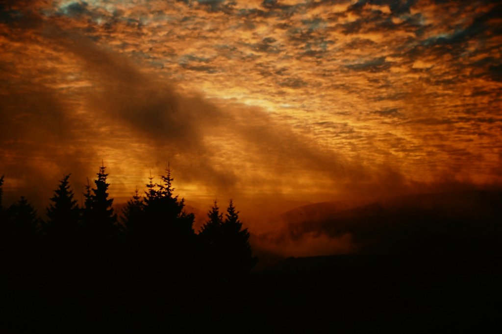 Ein Sonnenaufgang im Hochsauerland (Winterberg), aufgenommen im Winter 1969.