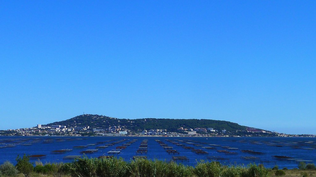 Frankreich, Languedoc-Roussillon, Hrault, der tang de Thau mit seinen Austernbnken und im Hintergrund mit Ste am Fusse des Mont Saint Clair, von  Bouzigues aus gesehen, 09.09.2011