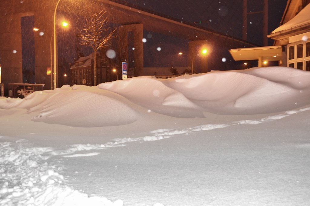 hier mchte ich nur ein eingeparktes Taxi sehen das reicht schon,  nicht 4 - Winter 2010 in Stralsund am Rgendammbahnhof