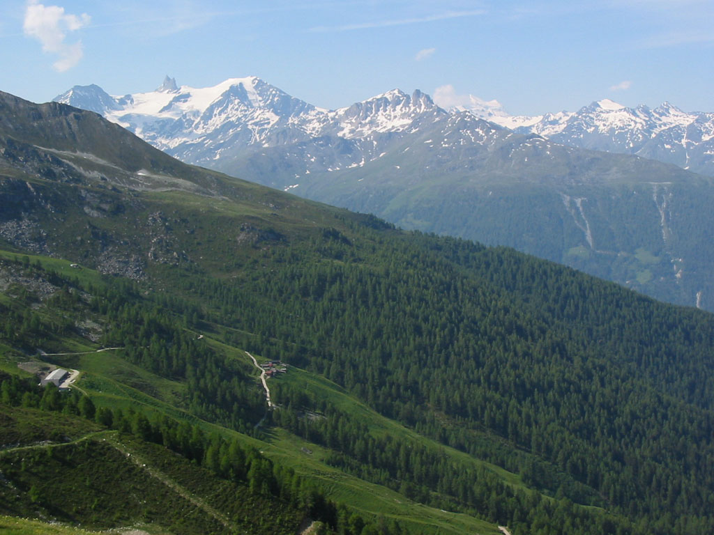 La Cassorte (3301m), Aiguilles Rouges d' Arolla (3646m), Pointe de Vouasson (3490m) und Le Pleureur (3704m), aufgenommen auf dem Weg von Mase zum Mont Noble am 12.6.2003 um 8:55 Uhr