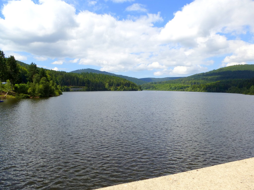 Schwarzenbachtalsperre im Nordschwarzwald, Blick von der Staumauer auf den Stausee, erbaut wurde die Anlage 1922-26, Mai 2017