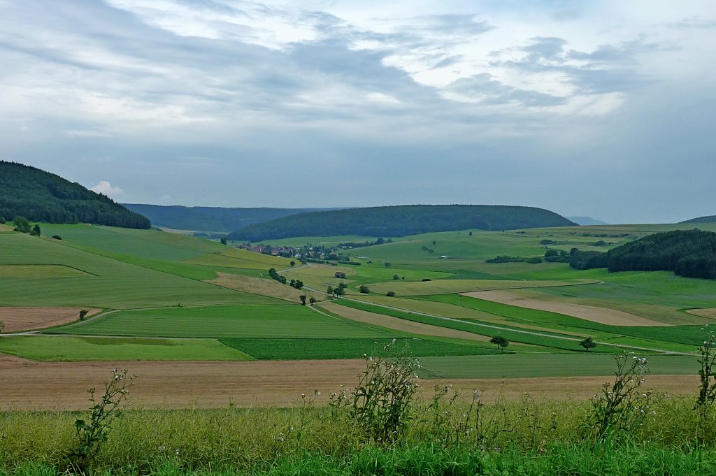 Schwarzwald-Baar, Blick vom 918m hohen Frstenberg gen Sden, im Hintergrund der Ort Hondingen, Juli 2012