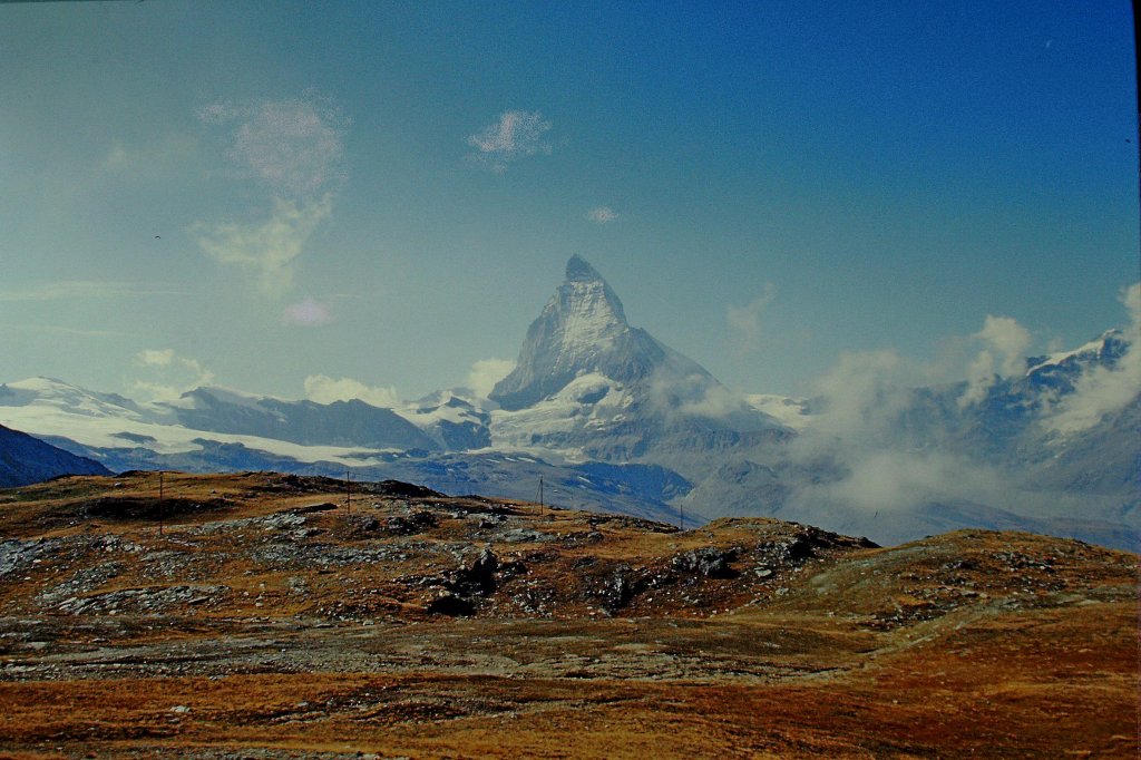Schweiz, Blick zum Matterhorn von der Gornergratbahn aus im Sept.1986, Scan vom Dia, Jan.2012 